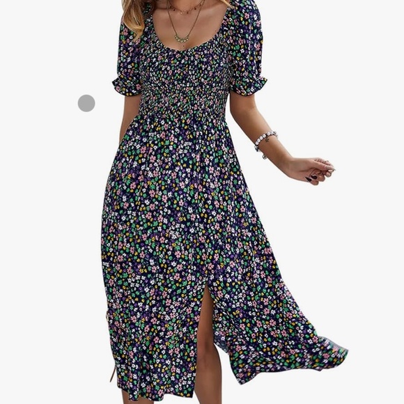 iRACHEU Dresses & Skirts - NWOT iRACHEU Navy Floral Boho Midi Dress Smocked High Waist Size L